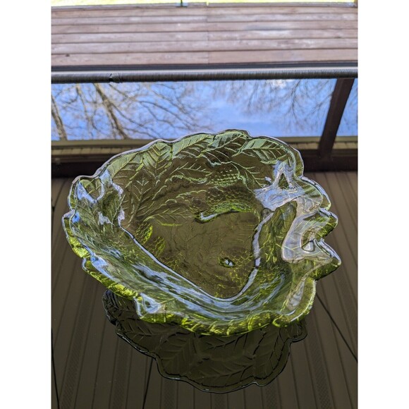 Vintage Indiana Glass Avocado Green Loganberry Leaf Pattern Candy Dish Bowl 7" - Picture 3 of 11